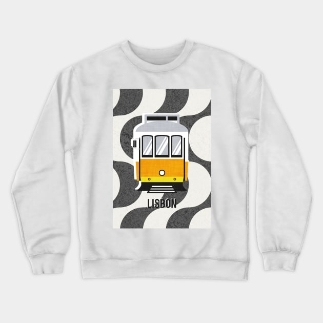 Lisbon trams // print // Portuguese Rossio cobblestone inspiration background lemon lime and marigold transport Crewneck Sweatshirt by SelmaCardoso